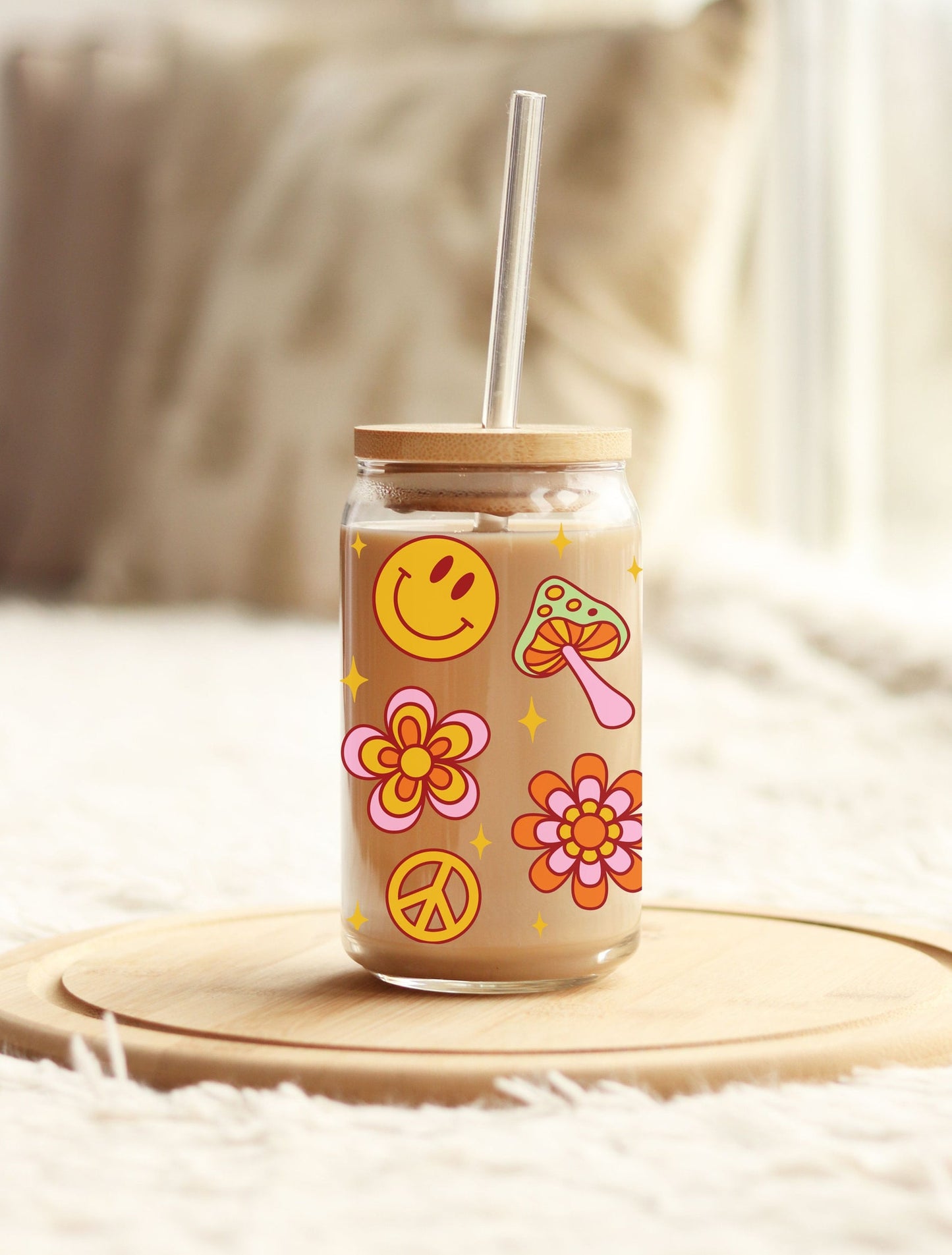 Happy Retro Land Beer Can Clear Glass 16 oz