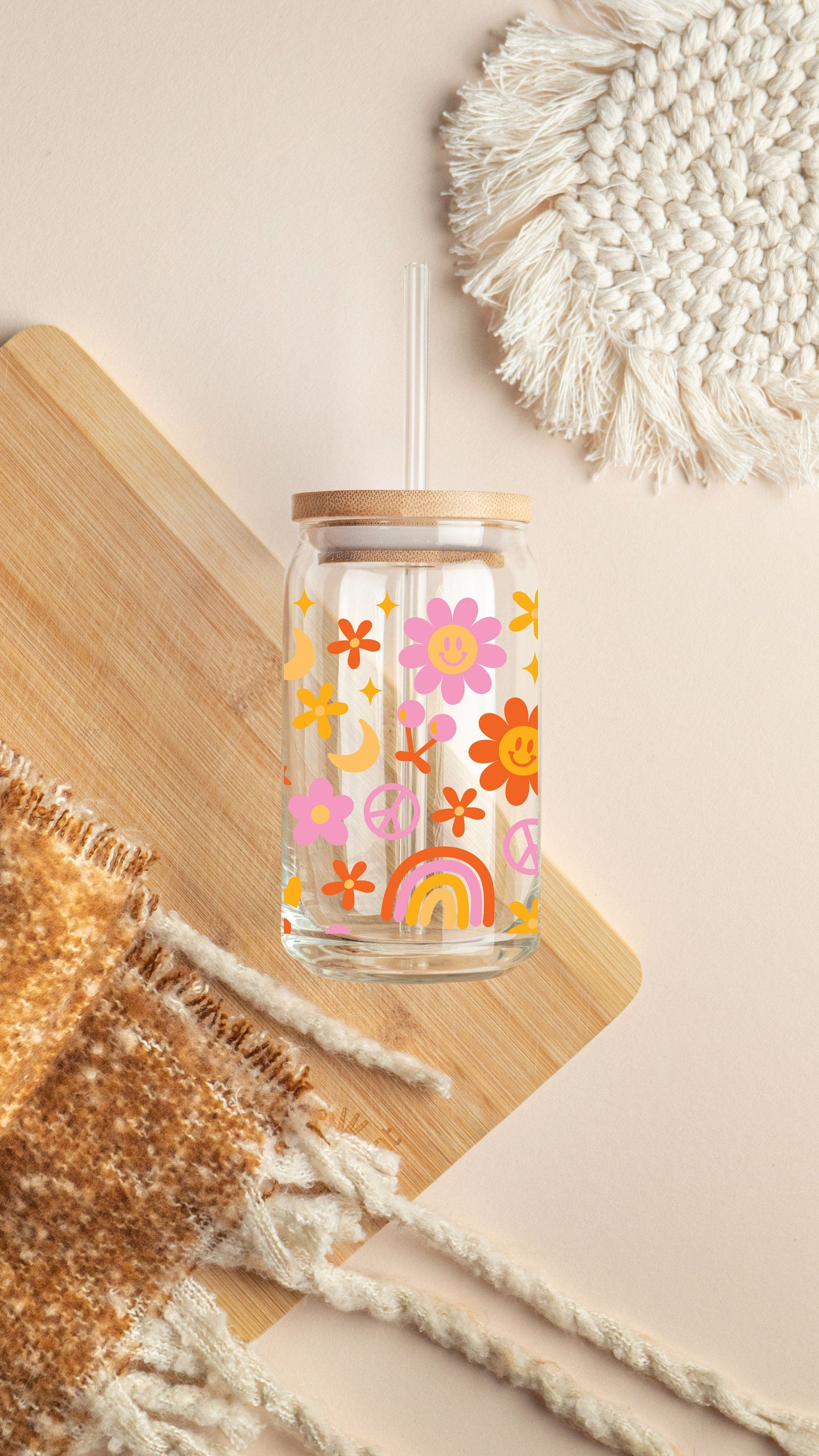 GROOVY FLOWER Glass Can Cup W/ Bamboo Lid & Straw Iced Coffee