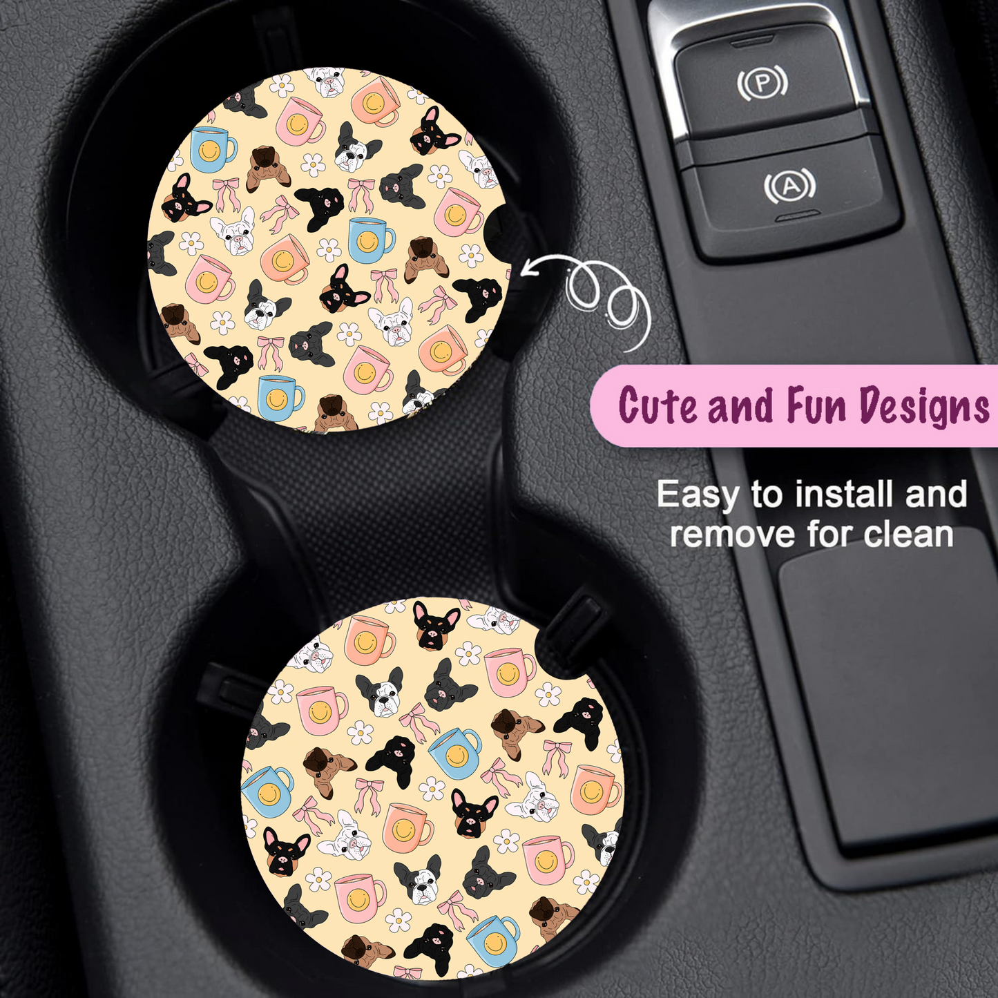 FrenchBull Dog Print set of 2 car coaster, Cup Holders Coasters, Car Interior,New Driver Gifts, Coworker gift, Cute Car Accessories