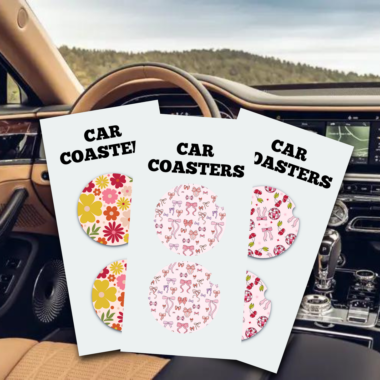 Pink Disco Bow Print Set of 2 Car Coasters, Cute Cup Holder, Car Accessories, Birthday gift, Teacher gift, Coworker gift, Car Driver Gift