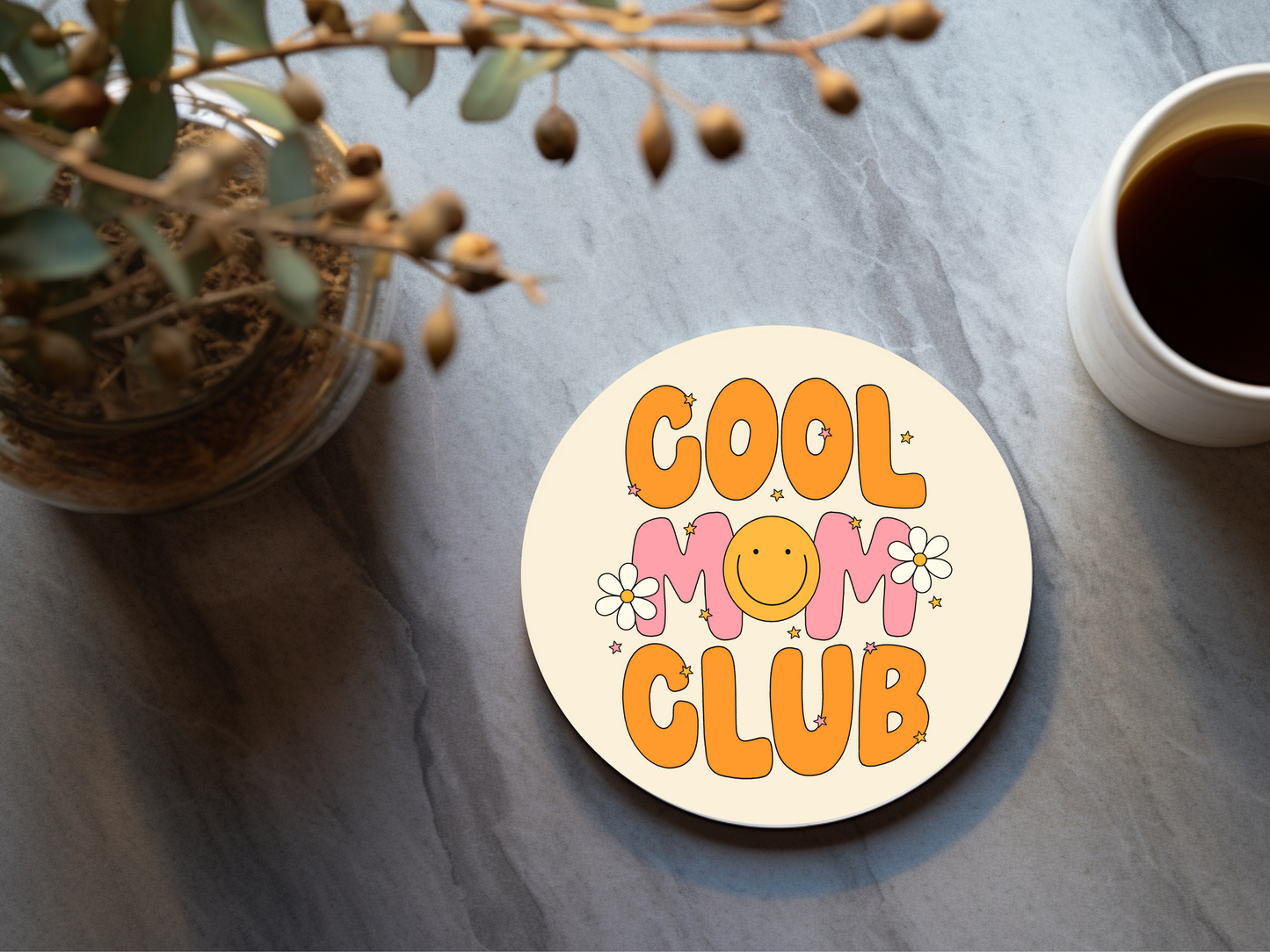 Cool Mom Club, 4" UV DTF Acrylic Cork Coasters, Stylish Table Decor, Low-Maintenance, High-Impact Drink Mats,Vibrant Acrylic Coasters