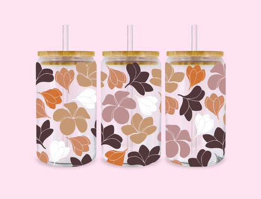 Plumeria Paradise 16oz Glass Can Cup | Aesthetic Coffee Glass Cup| Iced Coffee Glass Cup| 16 oz Coffee Glass | Tropical Floral Elegance