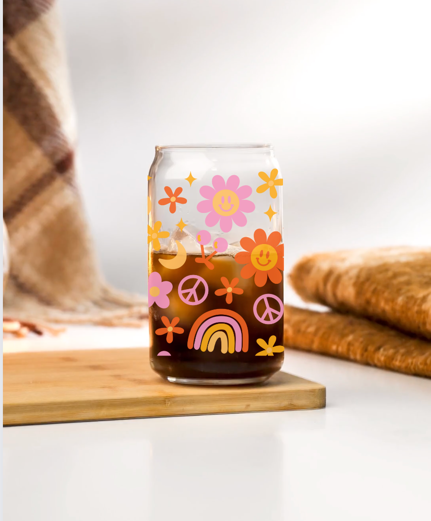 Groovy Flowers Beer Can Glass 16 oz