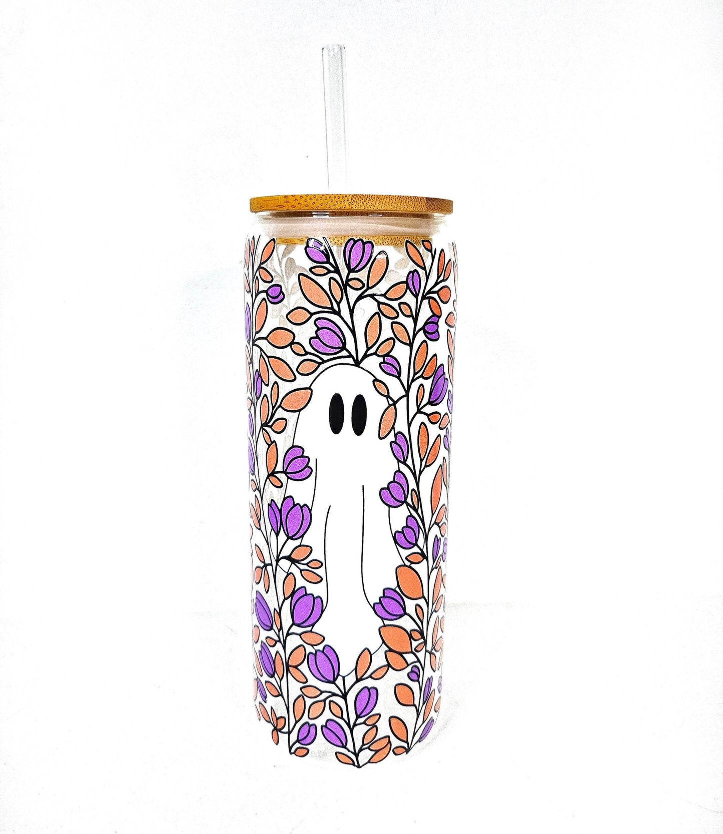 Spooky Specter 24oz Glass Can Cup: Halloween Ghost with Floral Accents, Iced Coffee Glass Cup