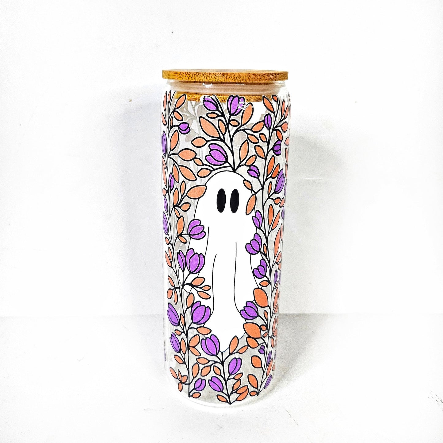 Spooky Specter 24oz Glass Can Cup: Halloween Ghost with Floral Accents, Iced Coffee Glass Cup