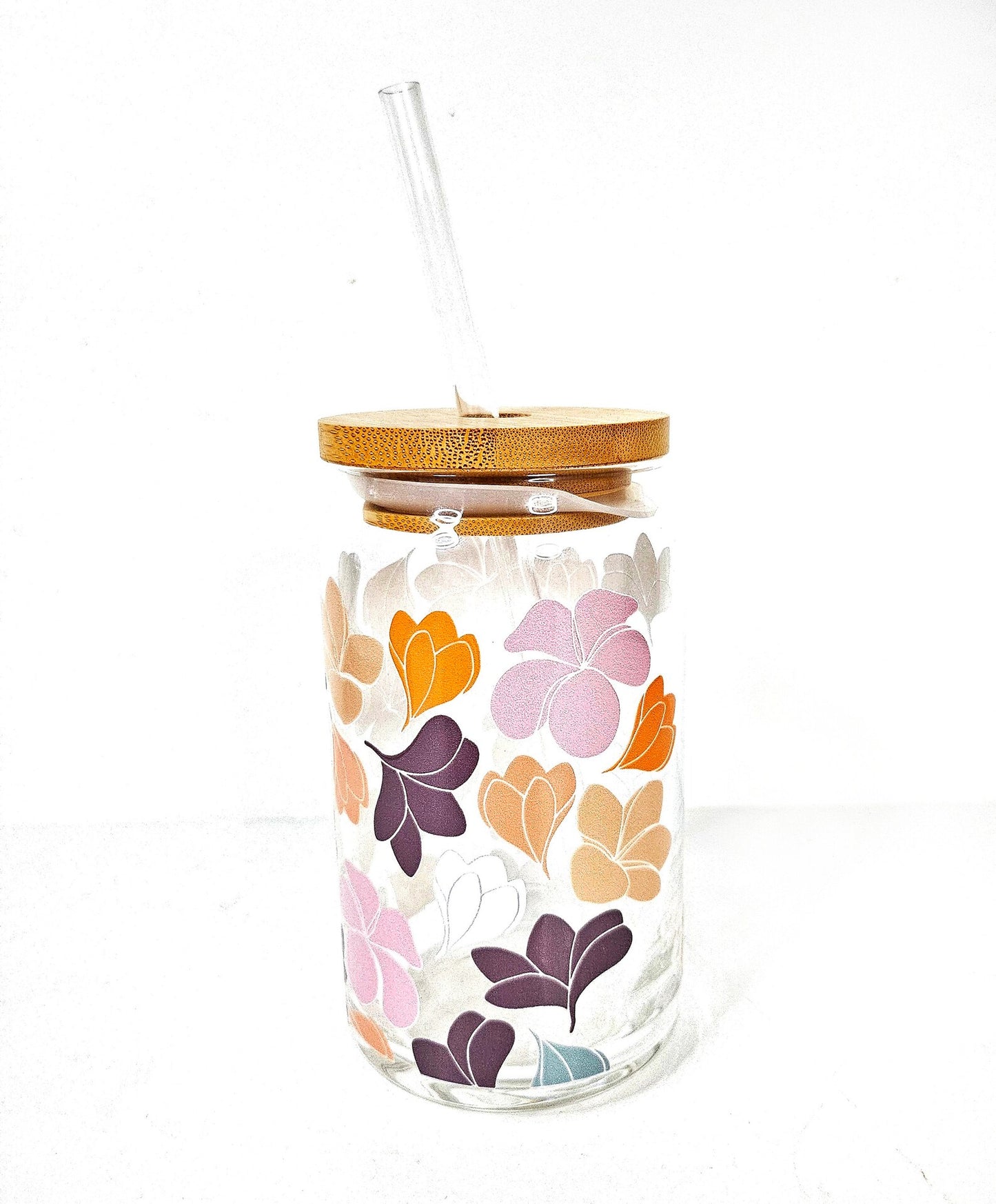 Plumeria Paradise 16oz Glass Can Cup | Aesthetic Coffee Glass Cup| Iced Coffee Glass Cup| 16 oz Coffee Glass | Tropical Floral Elegance