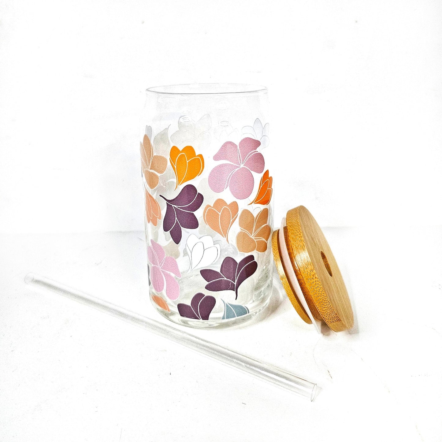 Plumeria Paradise 16oz Glass Can Cup | Aesthetic Coffee Glass Cup| Iced Coffee Glass Cup| 16 oz Coffee Glass | Tropical Floral Elegance