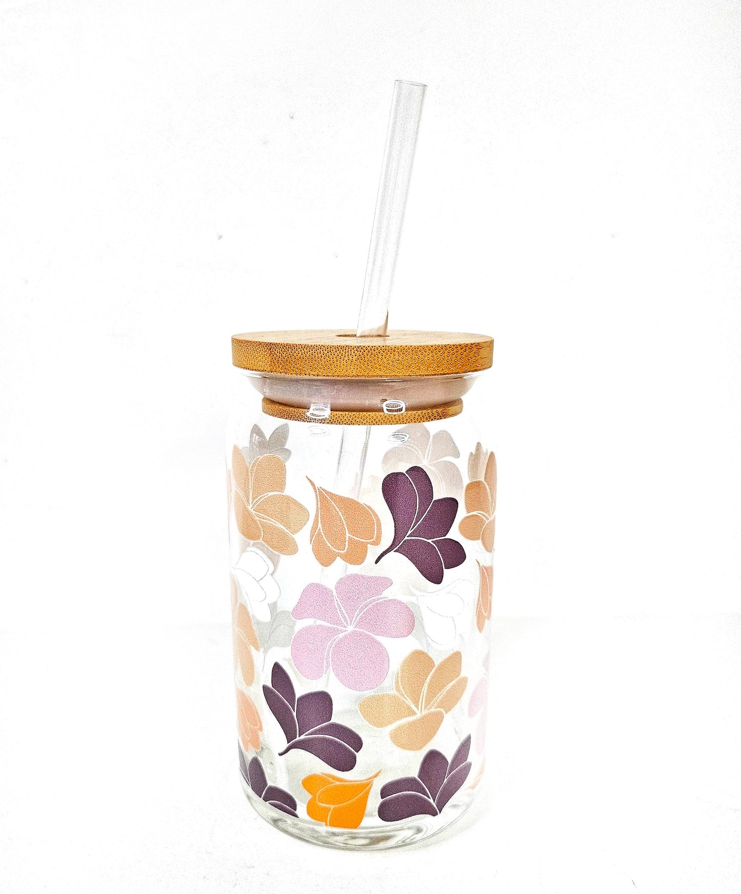 Plumeria Paradise 16oz Glass Can Cup | Aesthetic Coffee Glass Cup| Iced Coffee Glass Cup| 16 oz Coffee Glass | Tropical Floral Elegance