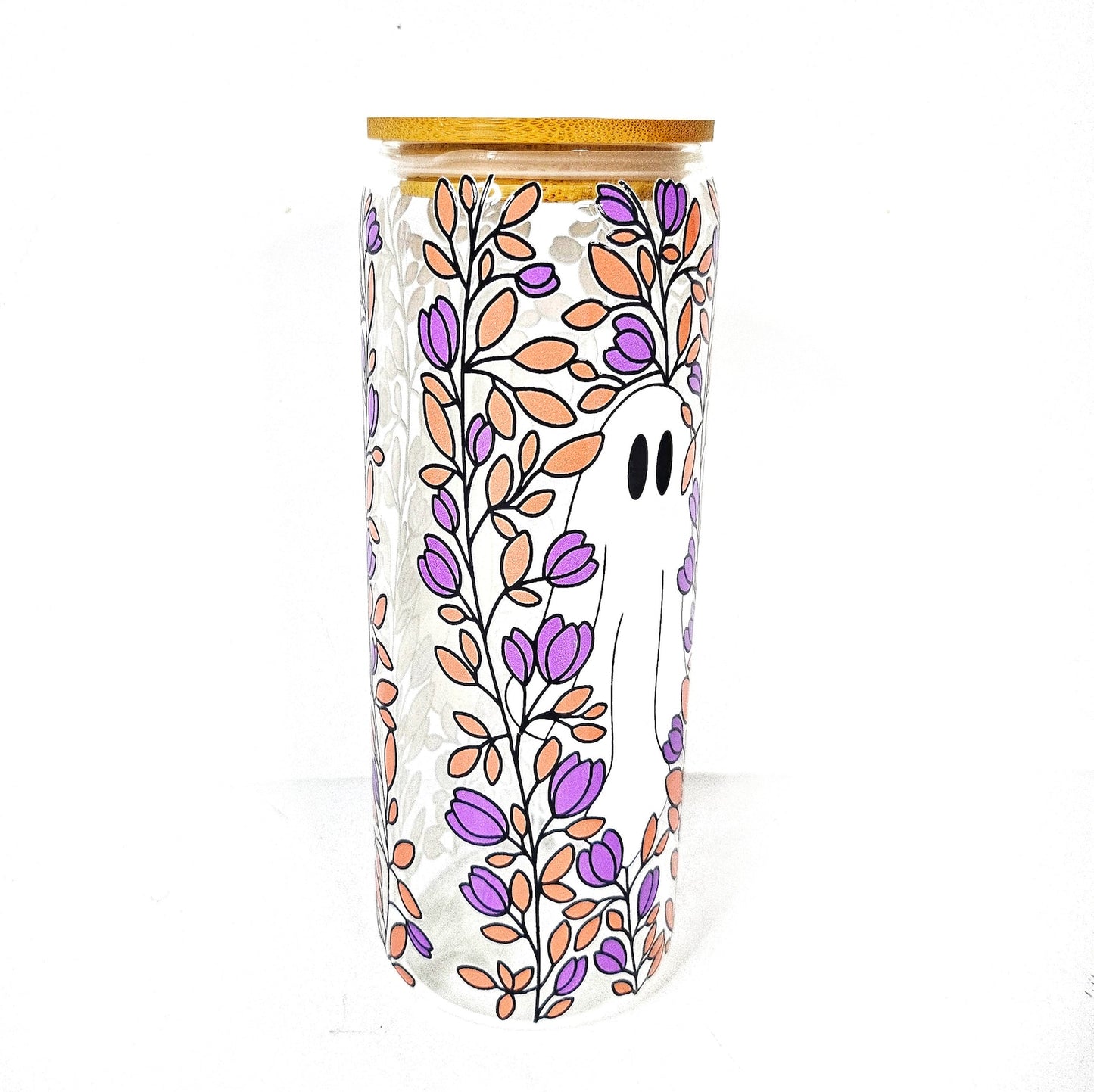 Spooky Specter 24oz Glass Can Cup: Halloween Ghost with Floral Accents, Iced Coffee Glass Cup