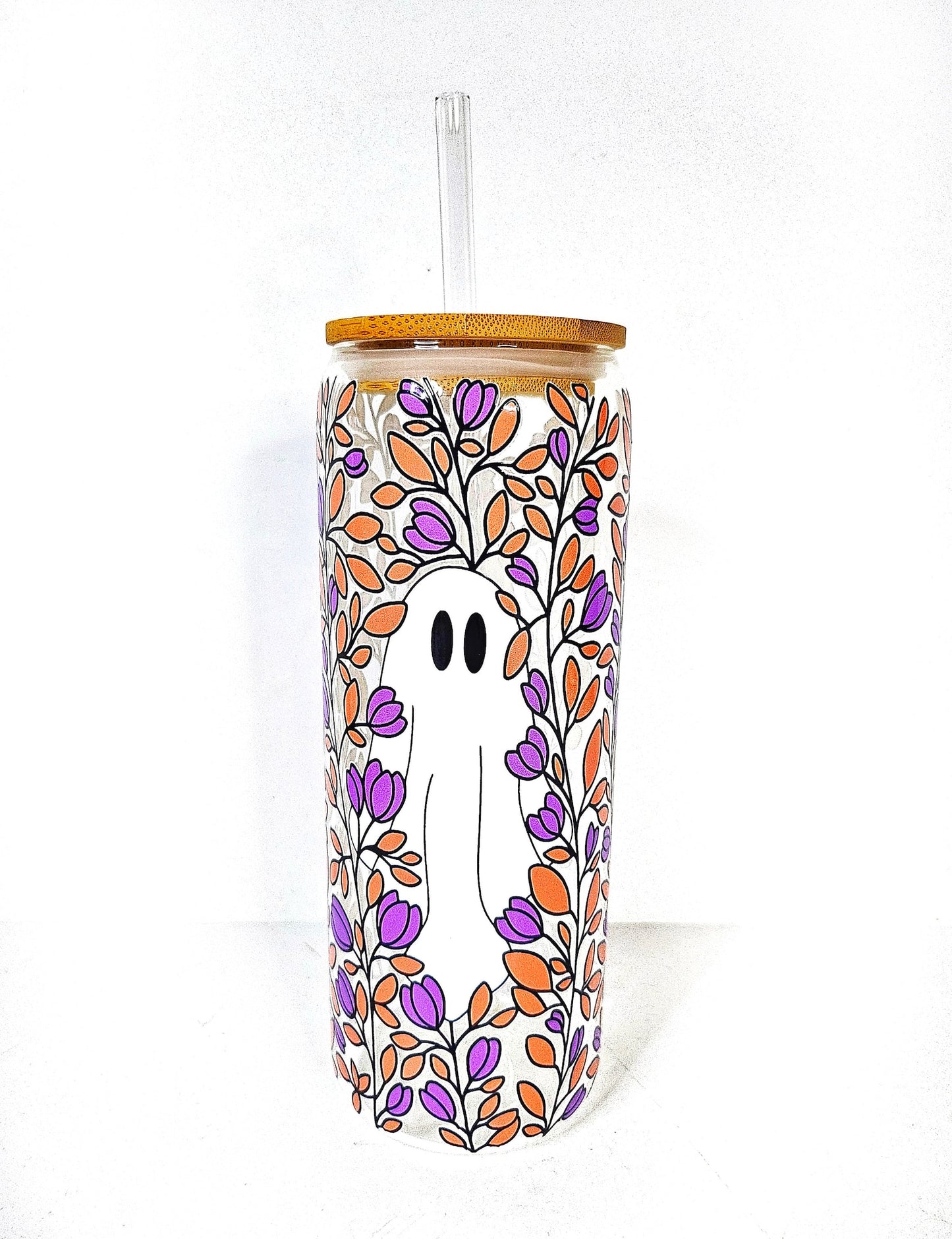 Spooky Specter 24oz Glass Can Cup: Halloween Ghost with Floral Accents, Iced Coffee Glass Cup