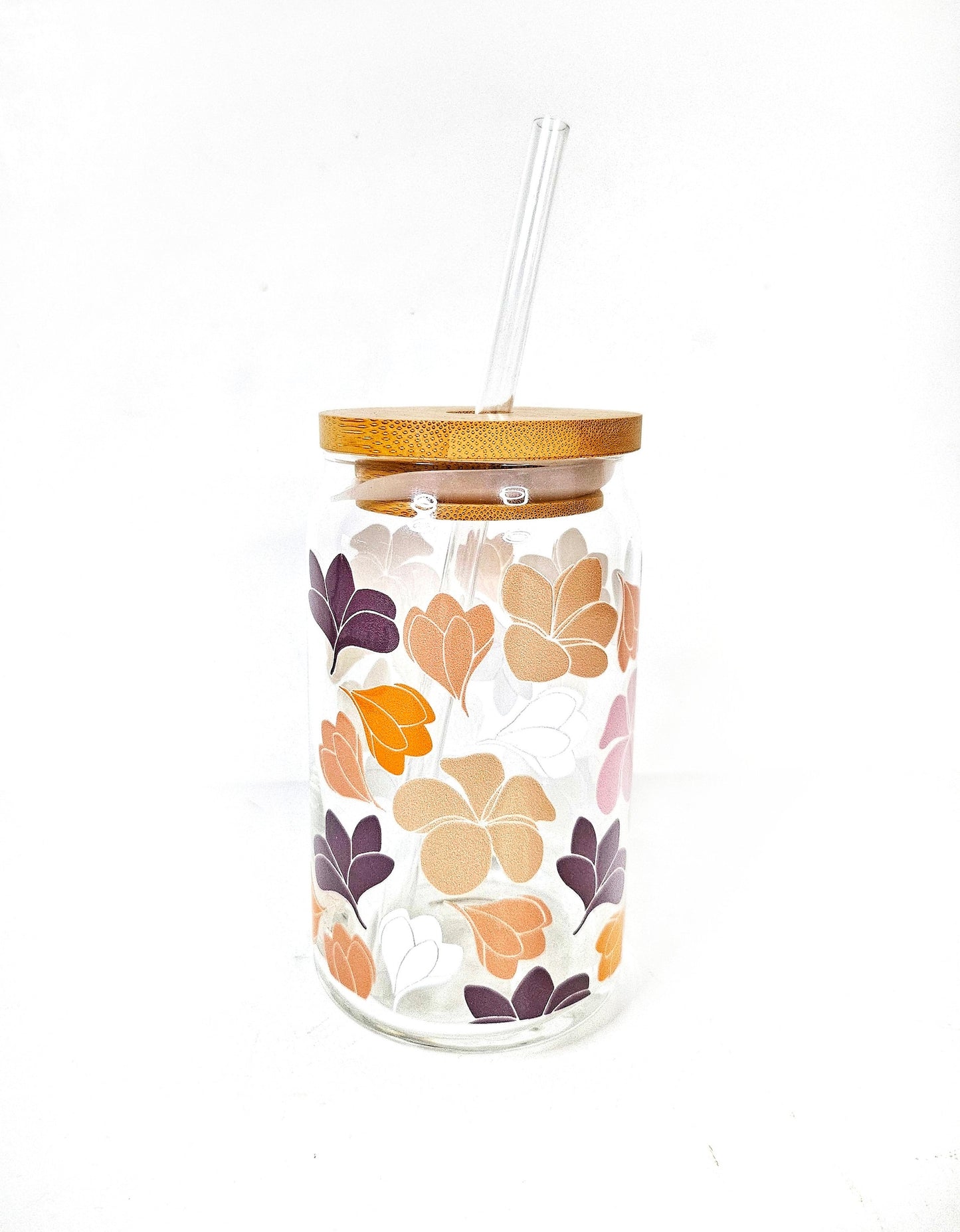 Plumeria Paradise 16oz Glass Can Cup | Aesthetic Coffee Glass Cup| Iced Coffee Glass Cup| 16 oz Coffee Glass | Tropical Floral Elegance