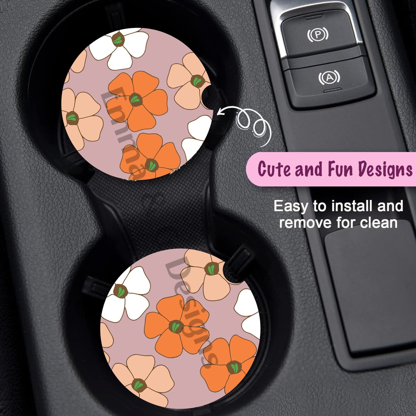 Lilac Puakenikeni Flower Print Set of 2 Car Coasters,Tropical Flower Cup Holders,Car Interior,New Driver Gifts, Functional Auto Accessories,Hawaiian Flowers (Copy) (Copy)