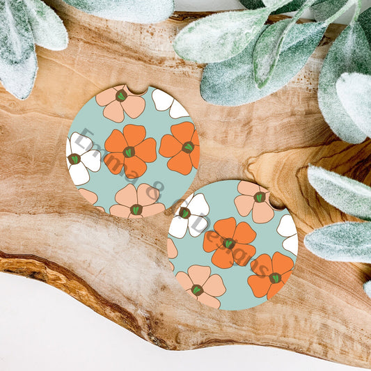 Teal Puakenikeni Flower Print Set of 2 Car Coasters,Tropical Flower Cup Holders,Car Interior,New Driver Gifts, Functional Auto Accessories,Hawaiian Flowers (Copy)