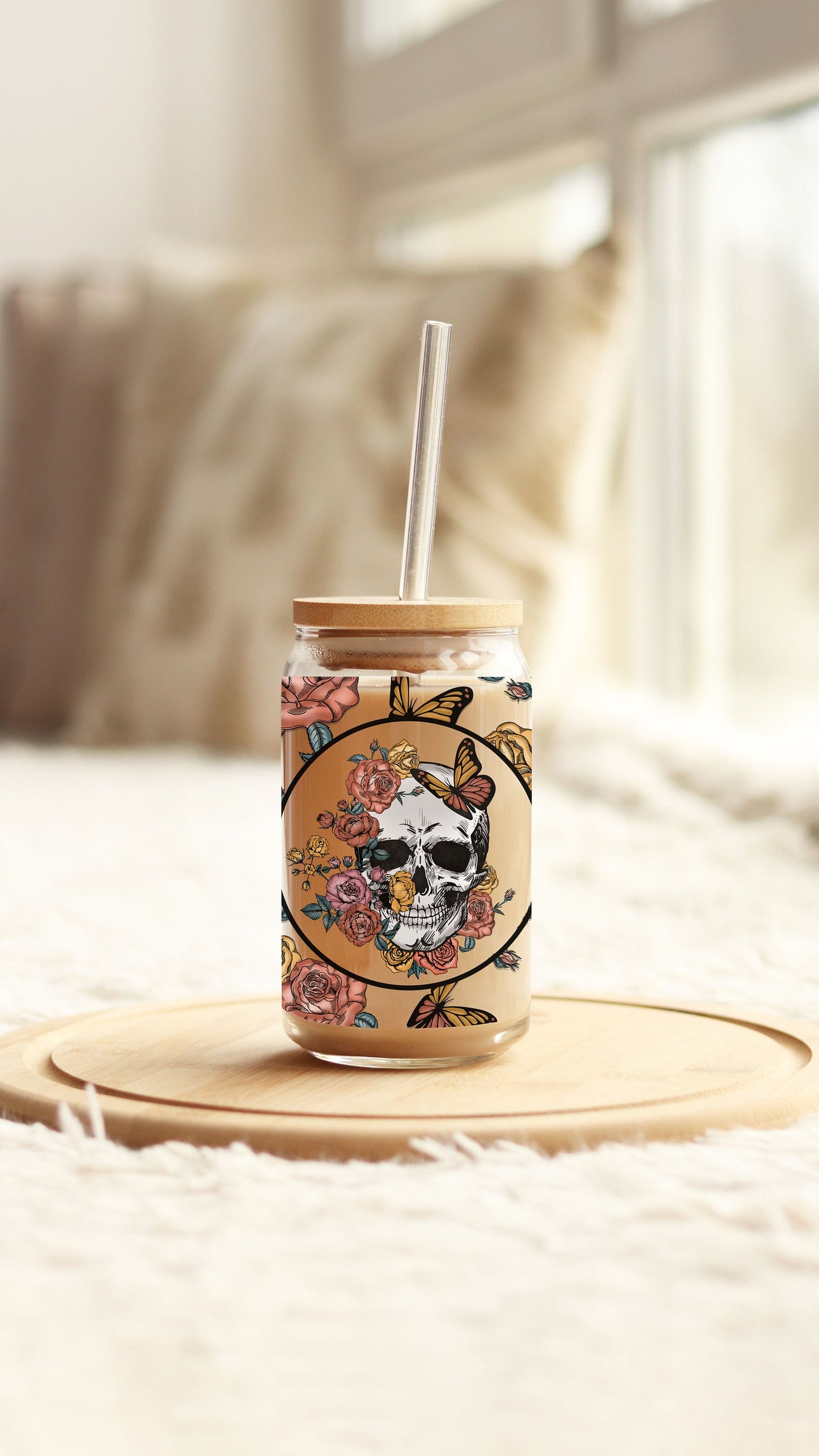 Skull Floral Clear Glass Can Cup 16 oz