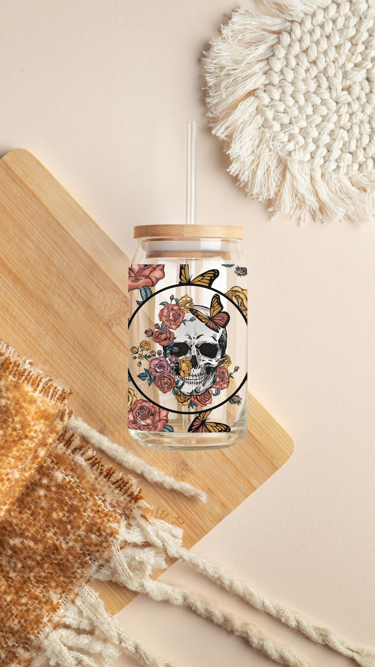 Skull Floral Clear Glass Can Cup 16 oz