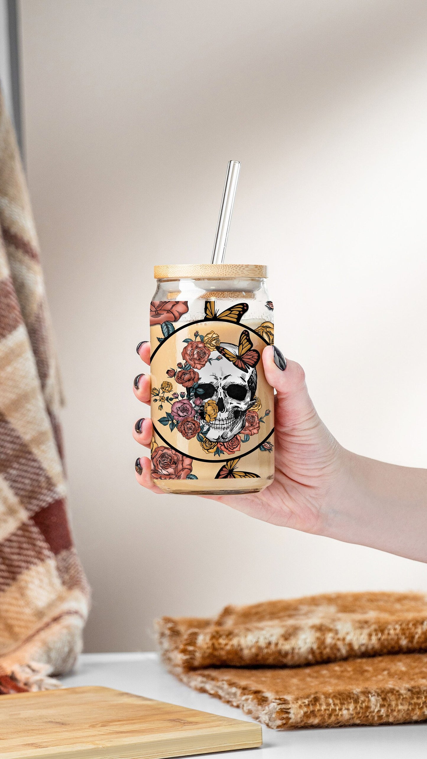 Skull Floral Clear Glass Can Cup 16 oz